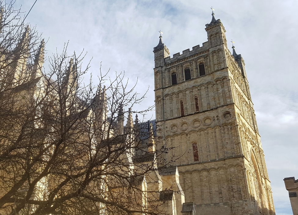 Exeter Cathedral, a tall sandstone building with branches of a tree in front.
