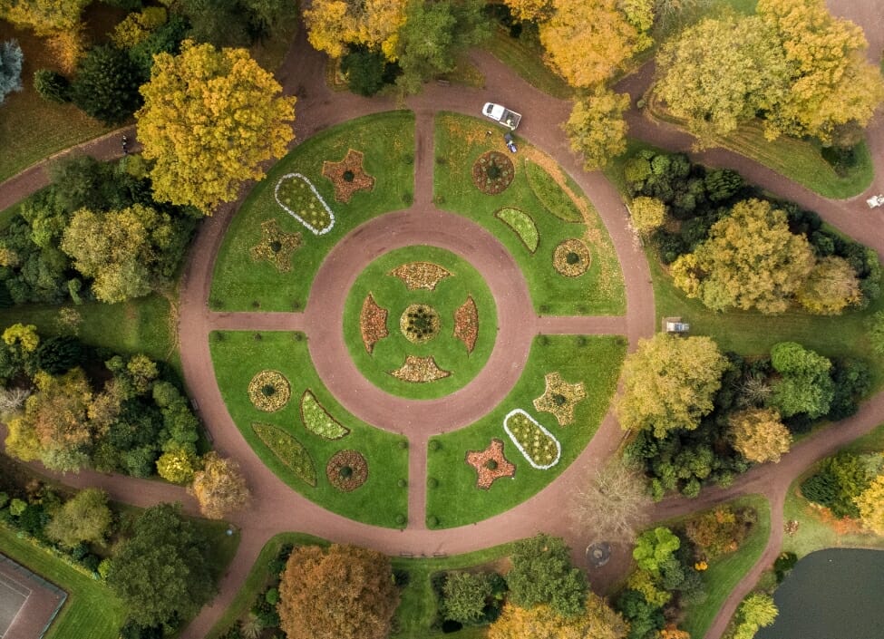 wolverhampton west park aerial view with trees paths and two circles of grass