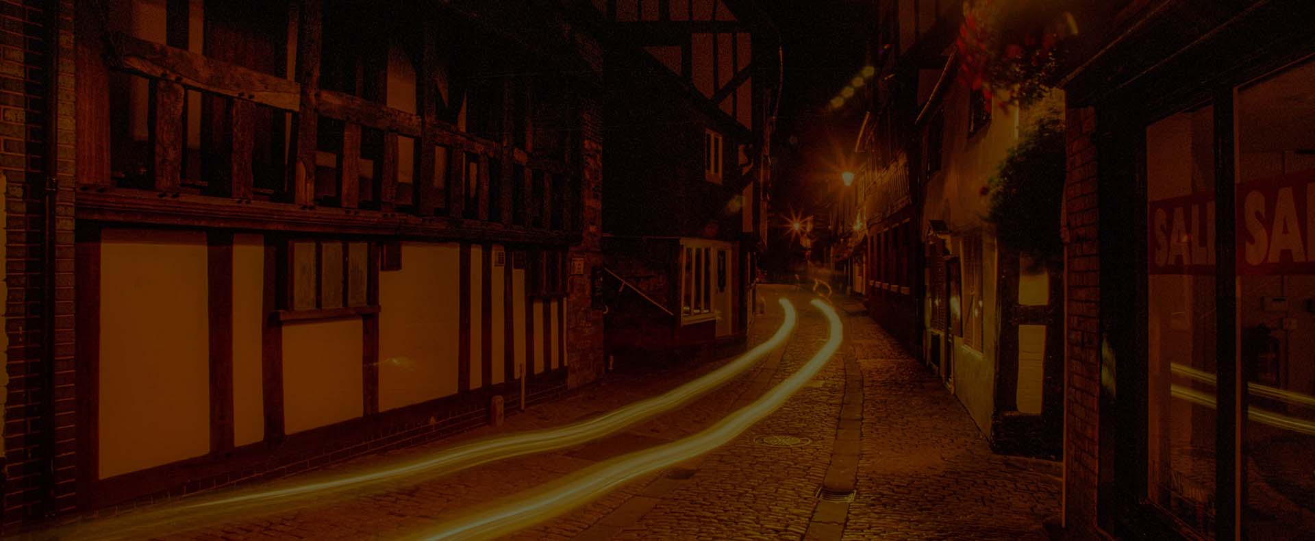 shrewsbury old town with lights and old buildings