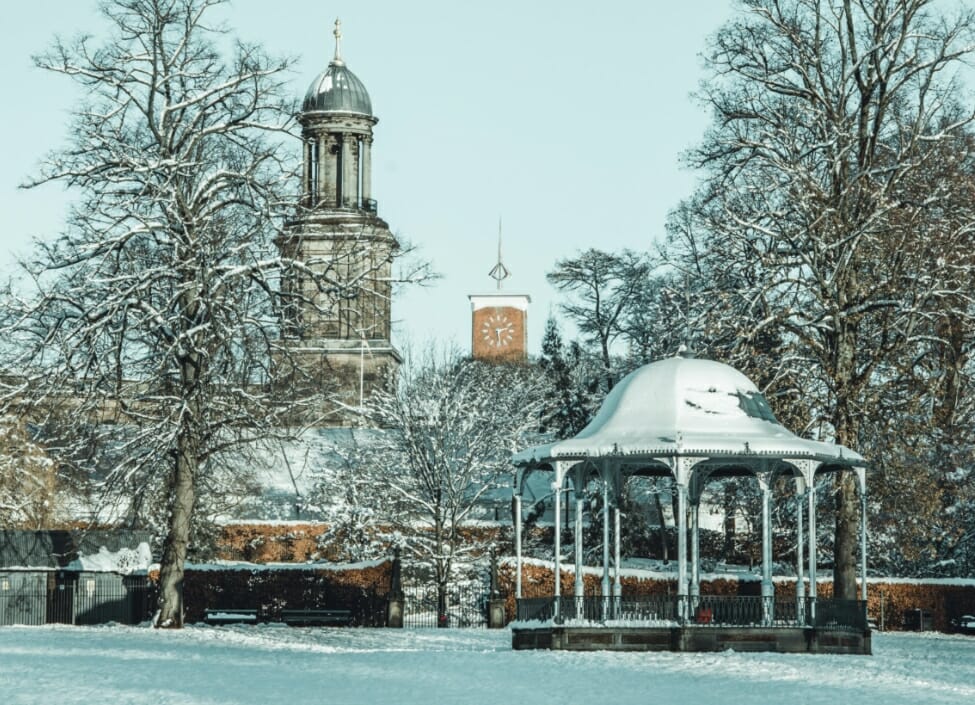 shrewsbury st chads church in winter with snow trees and pavilion